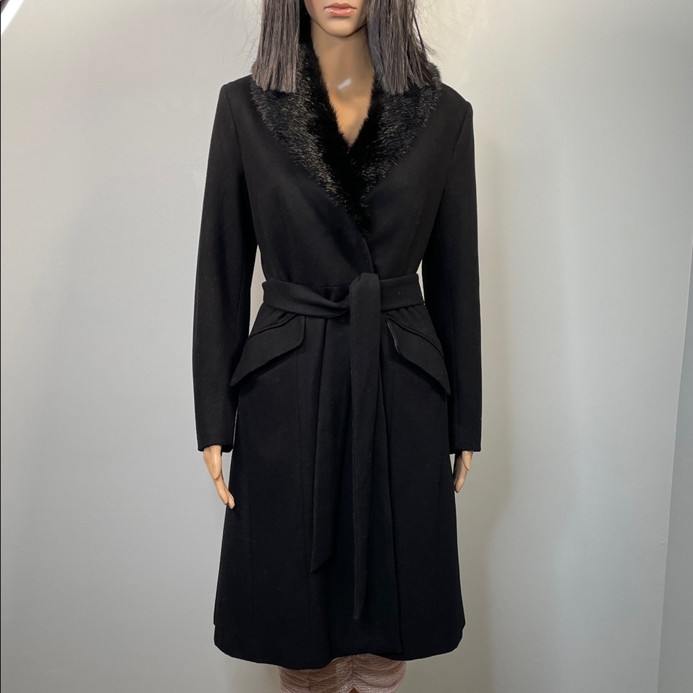 H&M Black Trench Coat with Faux Fur Trim